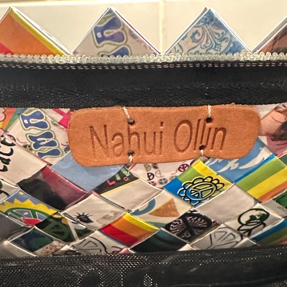 Nahui Ollin Colorful candy wrapper Woven Tote with Brown Handles - Picture 3 of 13